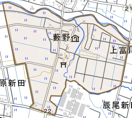 大字藪野とその周辺の地図。町の範囲を重ねている