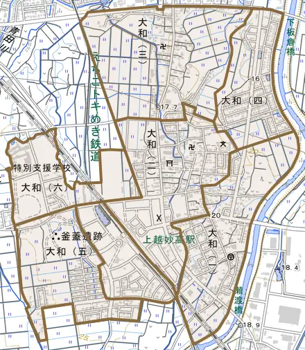 大和とその周辺の地図。町の範囲を重ねている