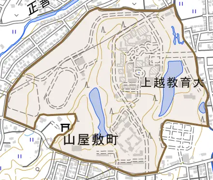 山屋敷町とその周辺の地図。町の範囲を重ねている