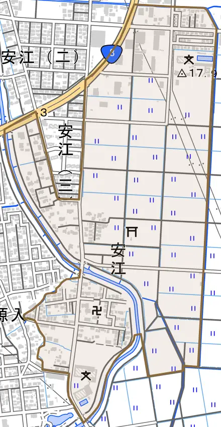 大字安江とその周辺の地図。町の範囲を重ねている