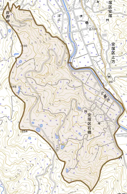 安塚区石橋とその周辺の地図。町の範囲を重ねている