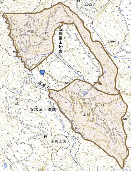 安塚区上船倉とその周辺の地図。町の範囲を重ねている