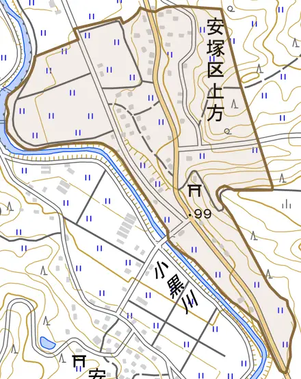 安塚区上方とその周辺の地図。町の範囲を重ねている
