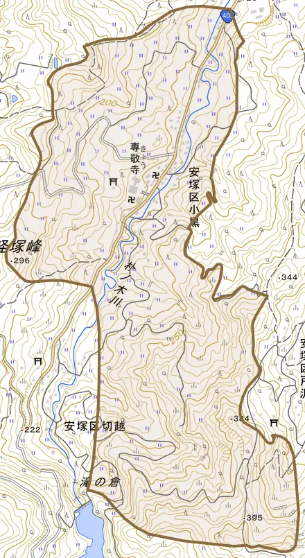 安塚区小黒とその周辺の地図。町の範囲を重ねている
