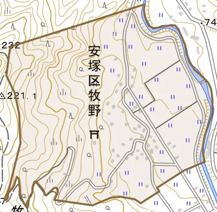 安塚区牧野とその周辺の地図。町の範囲を重ねている