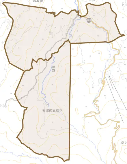 安塚区真荻平とその周辺の地図。町の範囲を重ねている