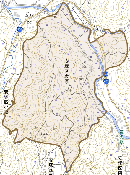 安塚区大原とその周辺の地図。町の範囲を重ねている