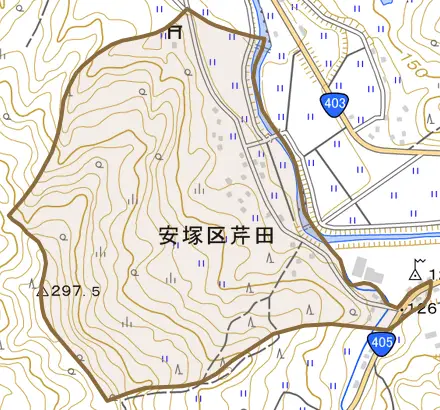 安塚区芹田とその周辺の地図。町の範囲を重ねている