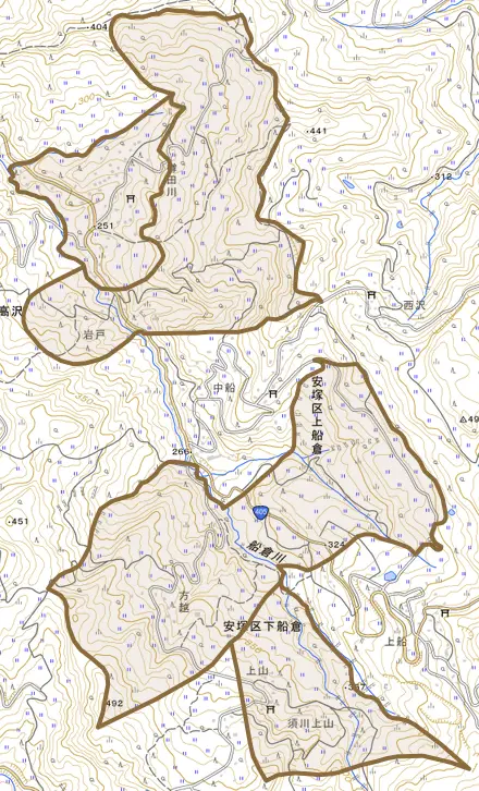 安塚区下船倉とその周辺の地図。町の範囲を重ねている