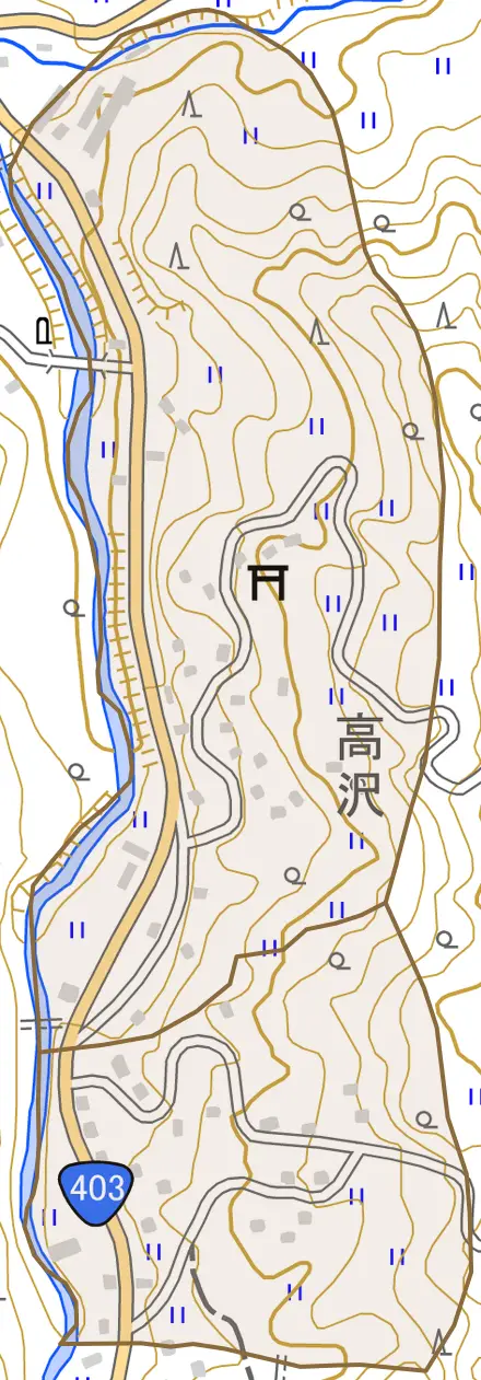 安塚区高沢とその周辺の地図。町の範囲を重ねている
