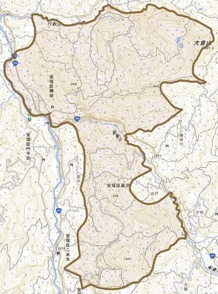 安塚区樽田とその周辺の地図。町の範囲を重ねている