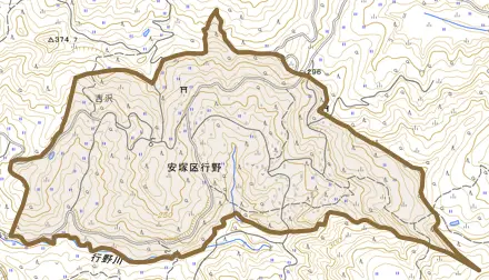 安塚区行野とその周辺の地図。町の範囲を重ねている