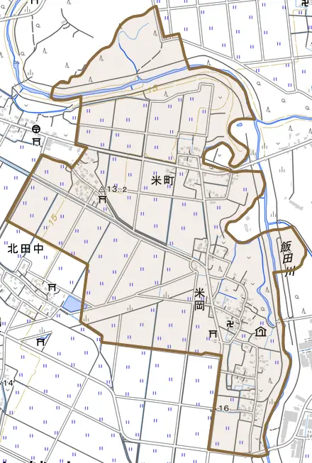 大字米岡とその周辺の地図。町の範囲を重ねている