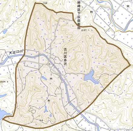 吉川区赤沢とその周辺の地図。町の範囲を重ねている