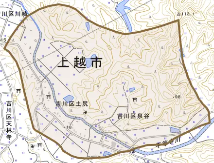 吉川区土尻とその周辺の地図。町の範囲を重ねている