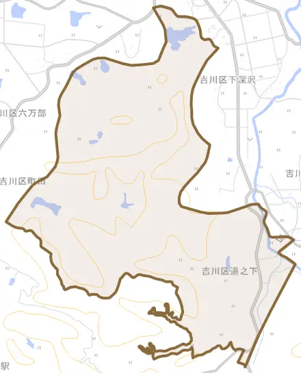 吉川区道之下とその周辺の地図。町の範囲を重ねている