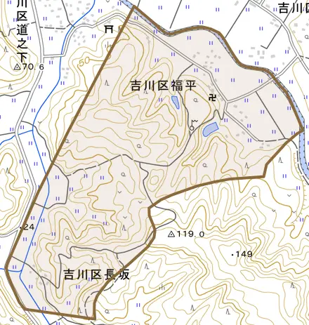 吉川区福平とその周辺の地図。町の範囲を重ねている