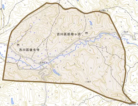 吉川区後生寺とその周辺の地図。町の範囲を重ねている
