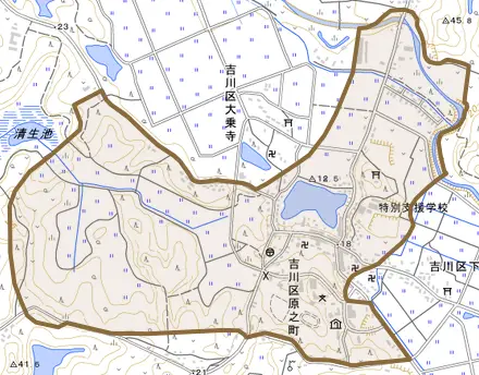 吉川区原之町とその周辺の地図。町の範囲を重ねている