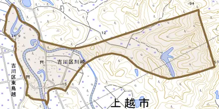 吉川区東鳥越とその周辺の地図。町の範囲を重ねている