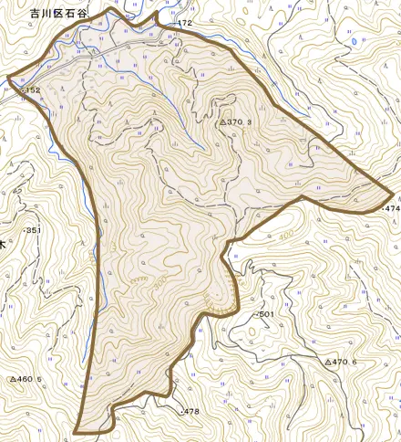 吉川区石谷とその周辺の地図。町の範囲を重ねている