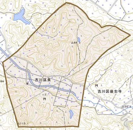 吉川区泉とその周辺の地図。町の範囲を重ねている