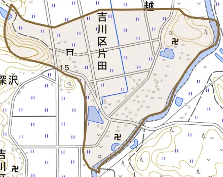 吉川区片田とその周辺の地図。町の範囲を重ねている