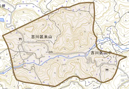 吉川区米山とその周辺の地図。町の範囲を重ねている
