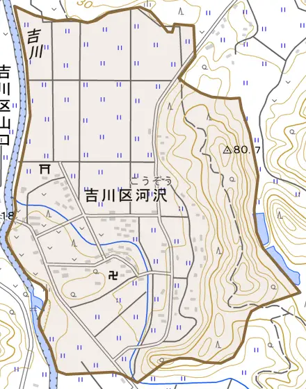 吉川区河沢とその周辺の地図。町の範囲を重ねている