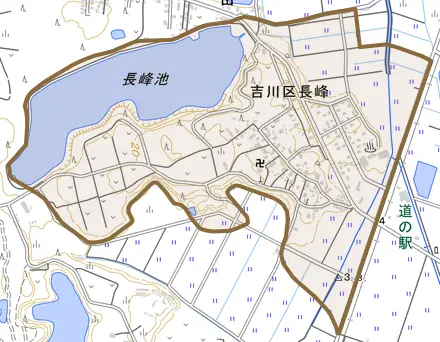 吉川区長峰とその周辺の地図。町の範囲を重ねている