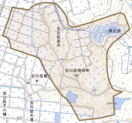 吉川区長沢とその周辺の地図。町の範囲を重ねている
