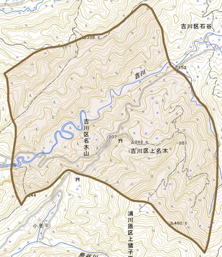 吉川区名木山とその周辺の地図。町の範囲を重ねている