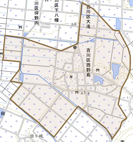 吉川区西野島とその周辺の地図。町の範囲を重ねている