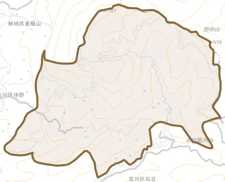吉川区尾神とその周辺の地図。町の範囲を重ねている