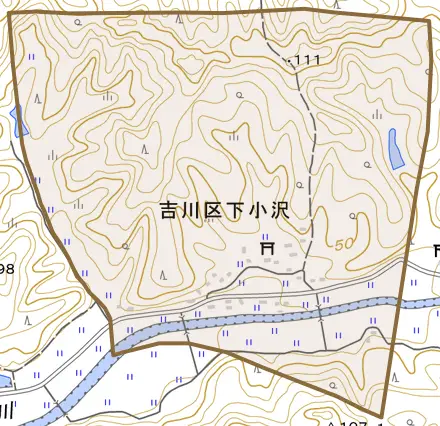 吉川区下小沢とその周辺の地図。町の範囲を重ねている