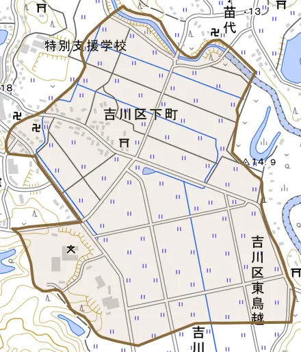 吉川区下町とその周辺の地図。町の範囲を重ねている