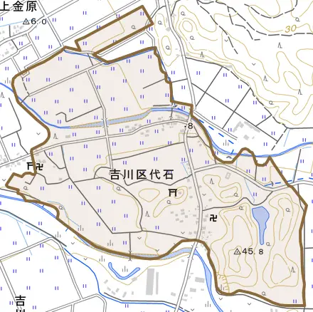 吉川区代石とその周辺の地図。町の範囲を重ねている