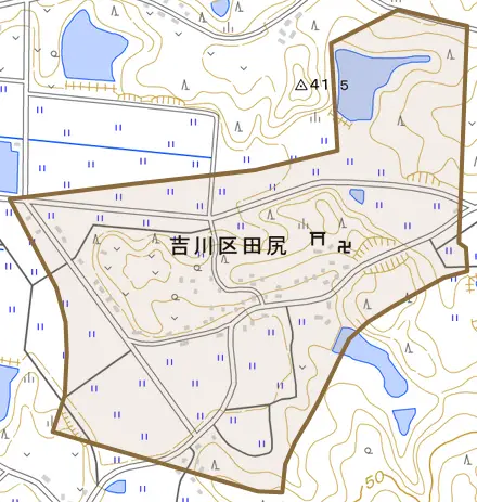吉川区田尻とその周辺の地図。町の範囲を重ねている