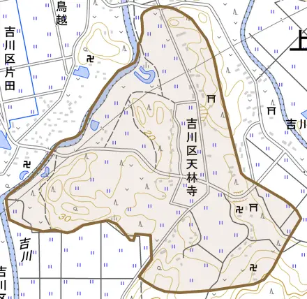 吉川区天林寺とその周辺の地図。町の範囲を重ねている