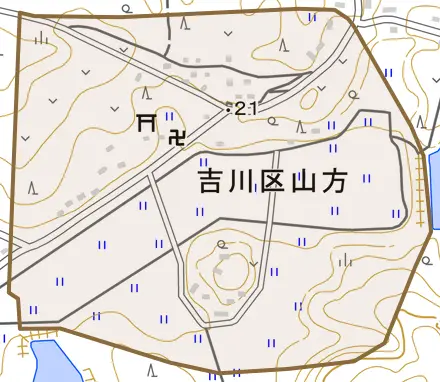 吉川区山方とその周辺の地図。町の範囲を重ねている