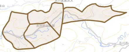 吉川区山直海とその周辺の地図。町の範囲を重ねている