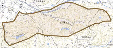 吉川区吉井とその周辺の地図。町の範囲を重ねている