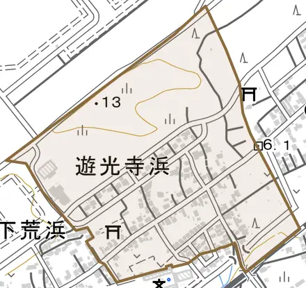 大字遊光寺浜とその周辺の地図。町の範囲を重ねている