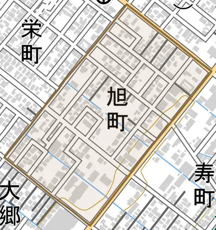 旭町とその周辺の地図。町の範囲を重ねている