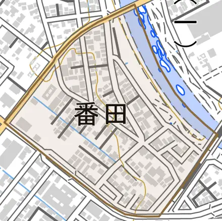番田とその周辺の地図。町の範囲を重ねている
