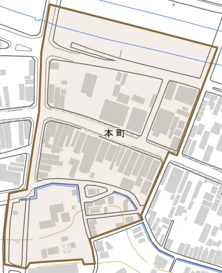 本町とその周辺の地図。町の範囲を重ねている