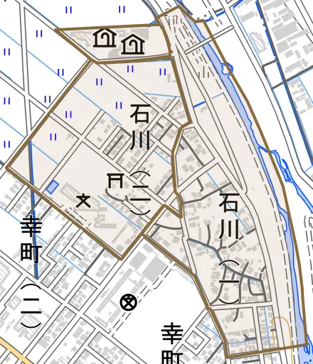 石川とその周辺の地図。町の範囲を重ねている