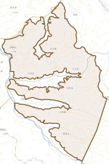 大字上大谷とその周辺の地図。町の範囲を重ねている