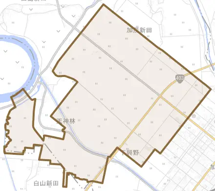大字加茂新田とその周辺の地図。町の範囲を重ねている