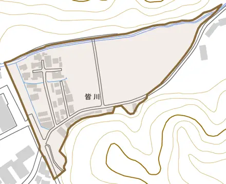 皆川とその周辺の地図。町の範囲を重ねている